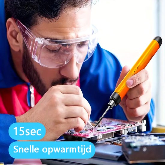 Tech Essentials Kabelloses Lötkolben - 8W - USB-C - Mit Dose - Kit - Feinlöten - Stift - Batterie - Lötset - Löten - Elektrowerkzeug - Orange