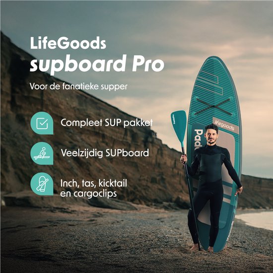 LifeGoods PaddlePro SUP Board Pro - Pro Set - Aufblasbares Paddle Board - Max. 150KG - 320x81cm - Tiefes Aqua