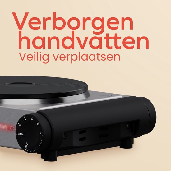KitchenBrothers Elektrokochfeld - 1 Brenner - Freistehend - 7 Temperaturstufen - 1500W - Edelstahl/Schwarz