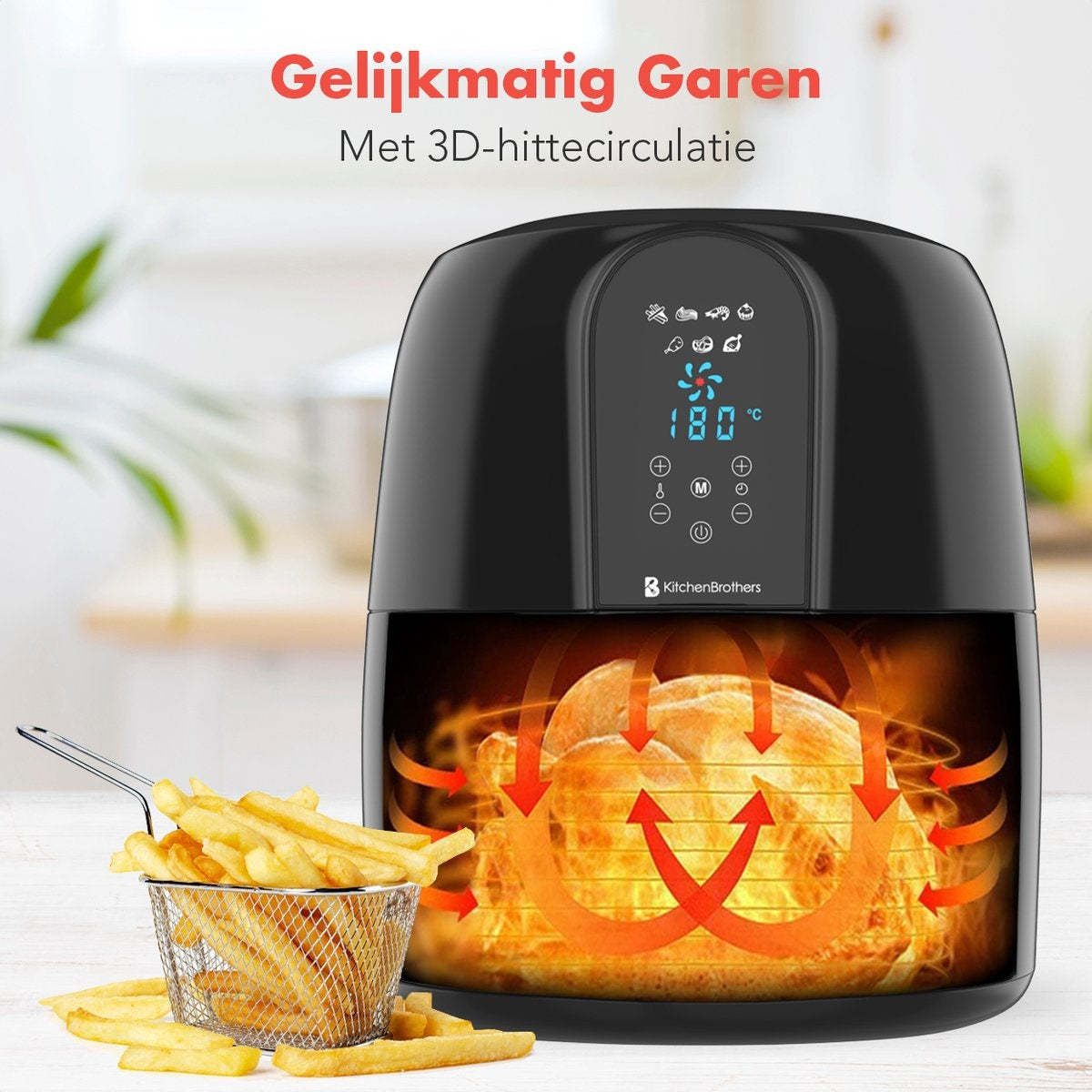 KitchenBrothers Airfryer XXL - Heißluftfritteuse XL - 1890W - 7.2L - Schwarz