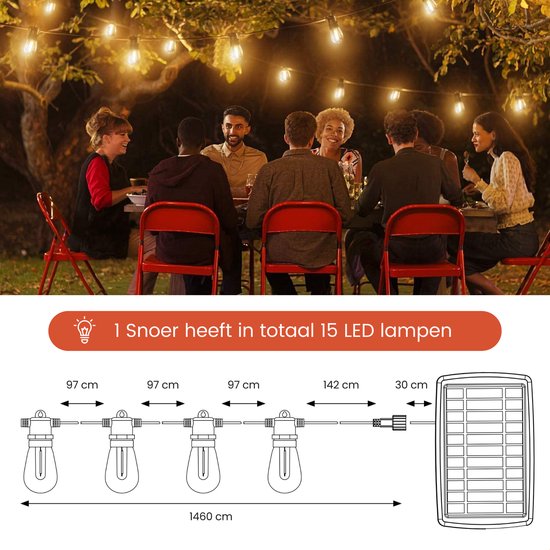 Partizzle 15m wasserdichte Solar Lichterkette - Dimmbar - LED Solar Gartenbeleuchtung - Camping Lichtergirlande - Solar Lichtergirlande für draußen - 2700K / Warm White