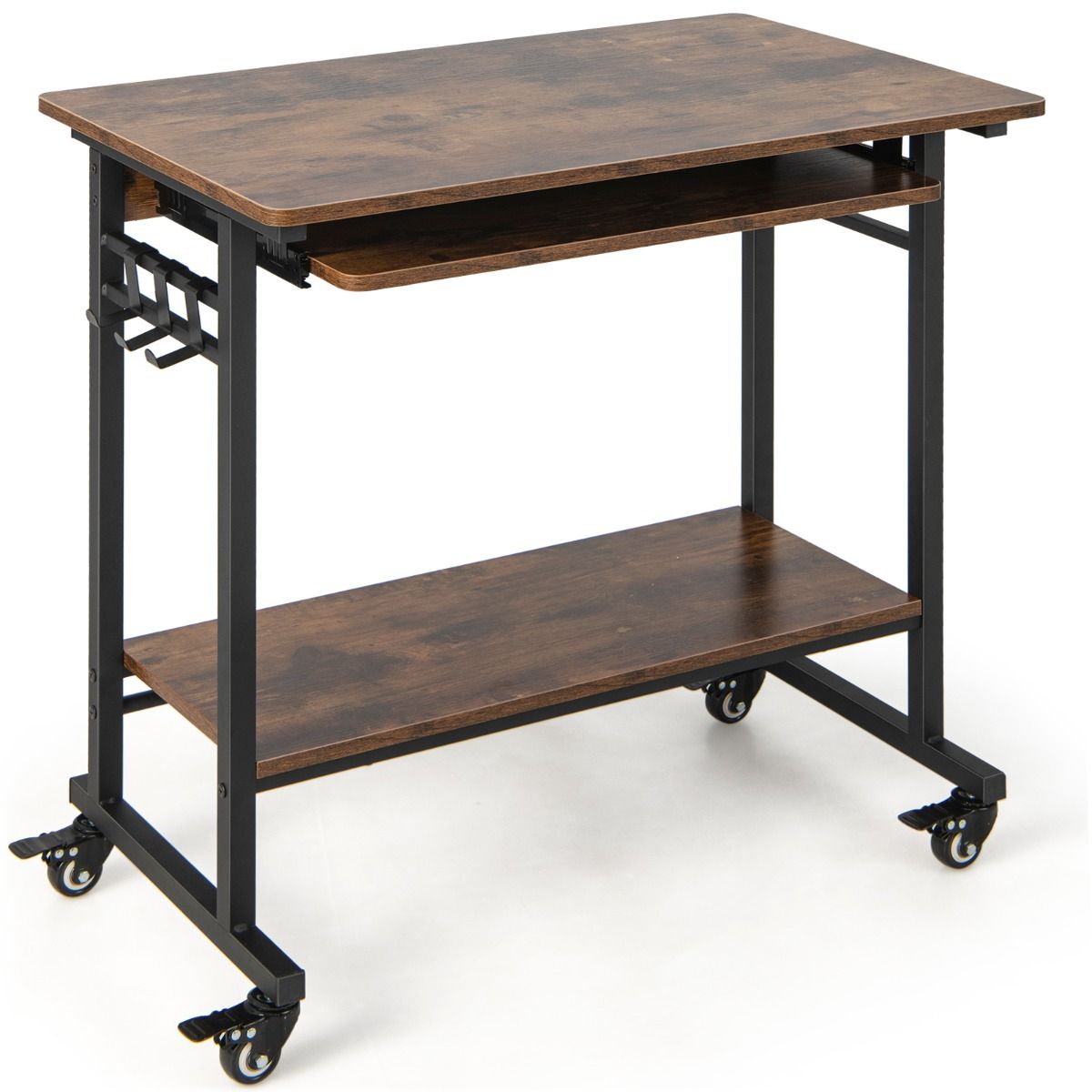 Coast Mobiler Computertisch – ausziehbare Tastaturablage – Ablagefach und Haken – rustikales Braun 80 x 50 x 78 cm