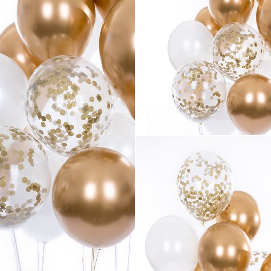 Partizzle 50x Luftballons Weiß und Gold - Helium geeignet - Papierkonfetti - Silvester / Neujahr - Hochzeit, Hochzeit Weihnachten Ballonbogen Dekoration - Latex