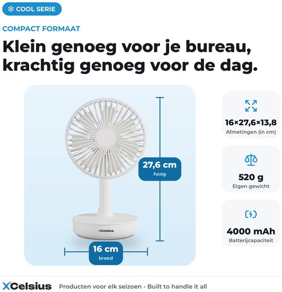 XCelsius® Kabelloser Tischventilator – Ventilator für Schreibtisch, Tisch und Arbeitsplatz – Über USB-C aufladbar – 4 Geschwindigkeitsstufen – Schwenkmodus – Neigbar – Während des Ladevorgangs nutzbar – Weiß