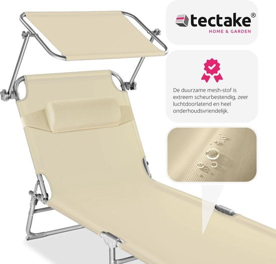 tectake - Liege, robust, verstellbar, Stahlgestell mit Sonnenschirm, 4-fach verstellbare Rückenlehne inklusive Kissen, Strandkorb Ideal für Garten, Pool, Camping- beige - 68 x 190 x 28 cm