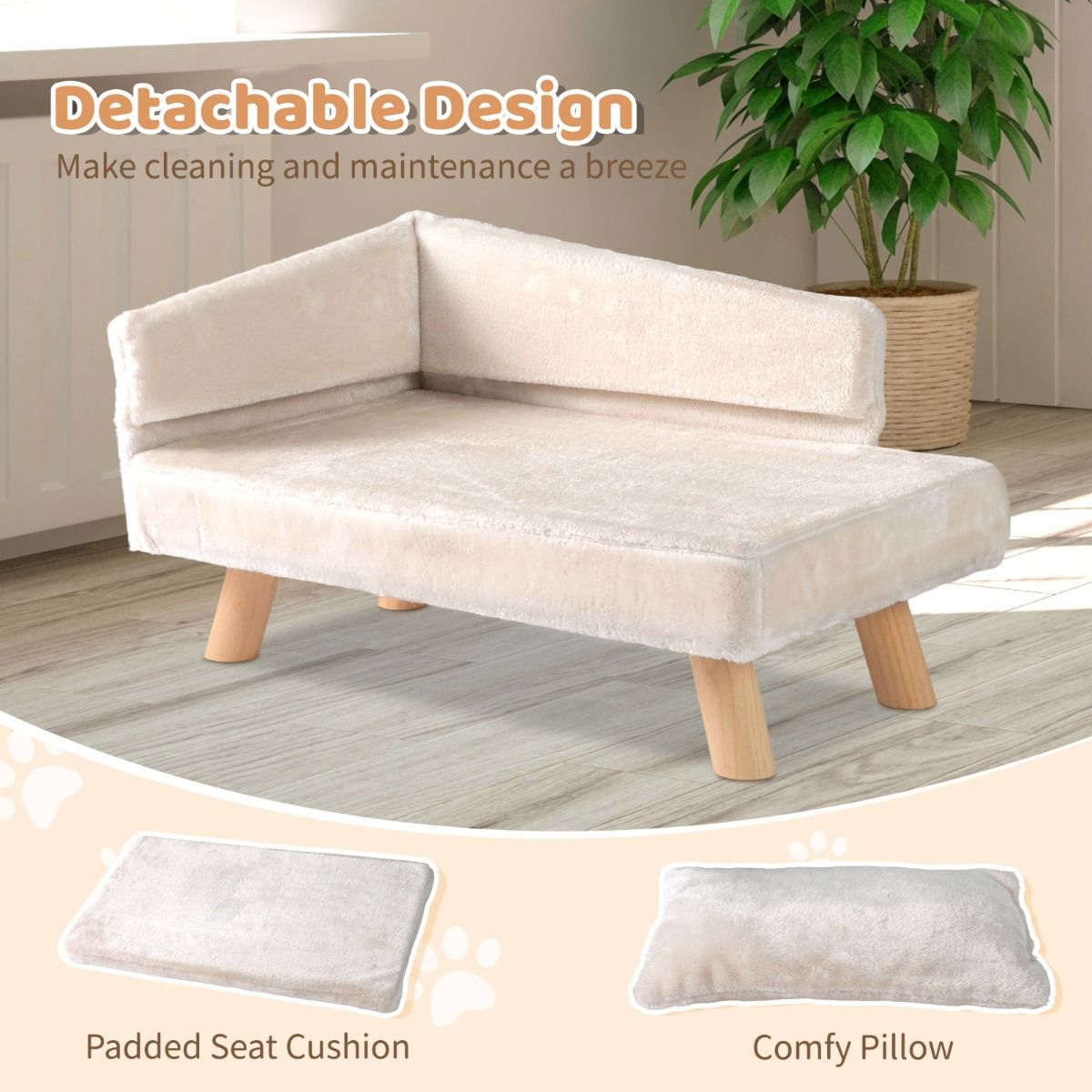 Coast Erhöhtes Haustierbett – halbrunde Rückenlehne – abnehmbares Kissen – beige – 71 x 43 x 40 cm