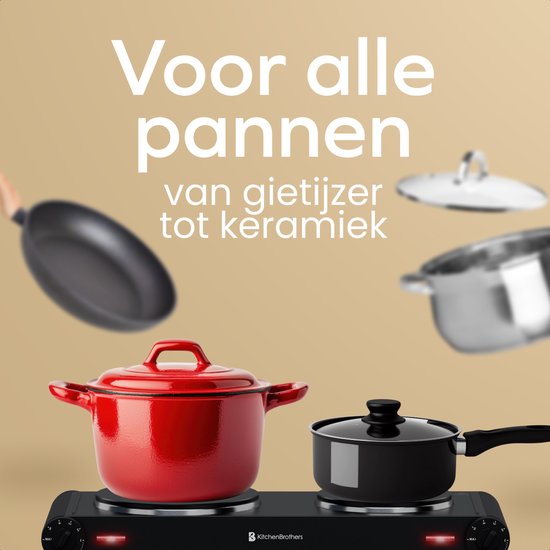 KitchenBrothers Elektrokochfeld - 2 Brenner - Freistehend - 7 Temperaturstufen - 1500W + 1000W - Schwarz