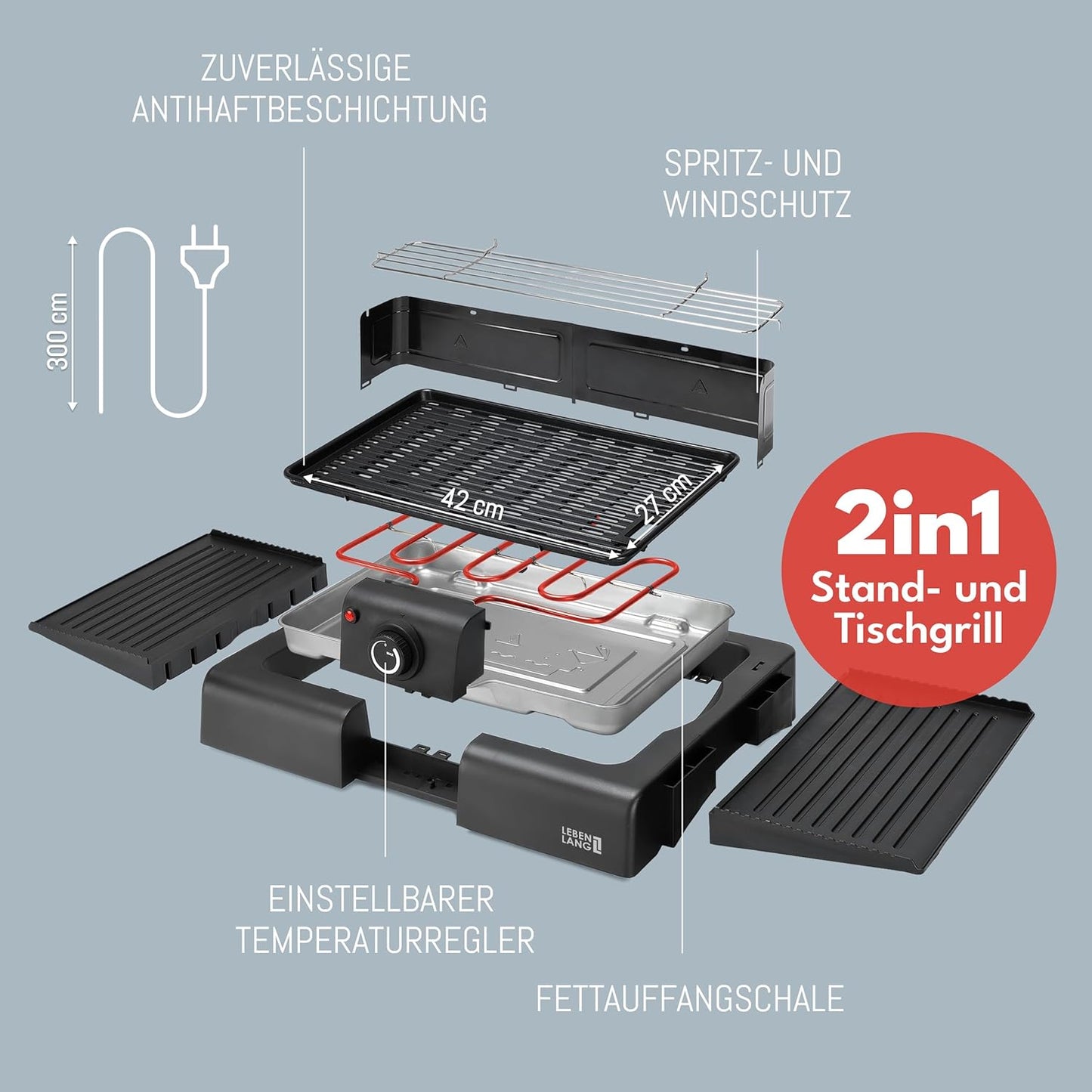 Lebenlang 2-in-1-Elektrogrill - Tisch- und Standgrill - 2000W - Für drinnen und draußen - Inklusive Grillzange - Antihaftbeschichtung