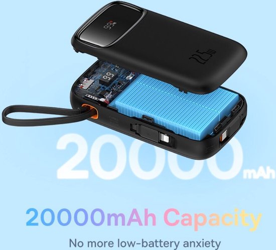 Baseus 10.000-mAh-Powerbank | Schnellladung mit 20 W über USB-C und USB-A | Reiseformat mit Display, schwarz | Universelle Powerbank, u. a. geeignet für Samsung und iPhone | Integriertes USB-C- und Lightning-Kabel