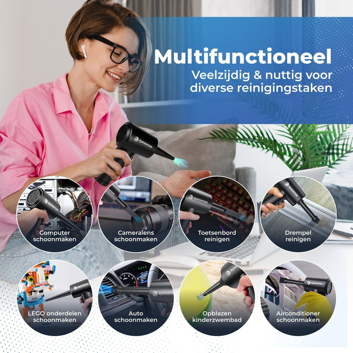 AyeSense Air Duster Pro - 8 Aufsätze - kabellos & wiederaufladbar - 52.000 U/min - Druckluft-Staubreiniger - Druckluft