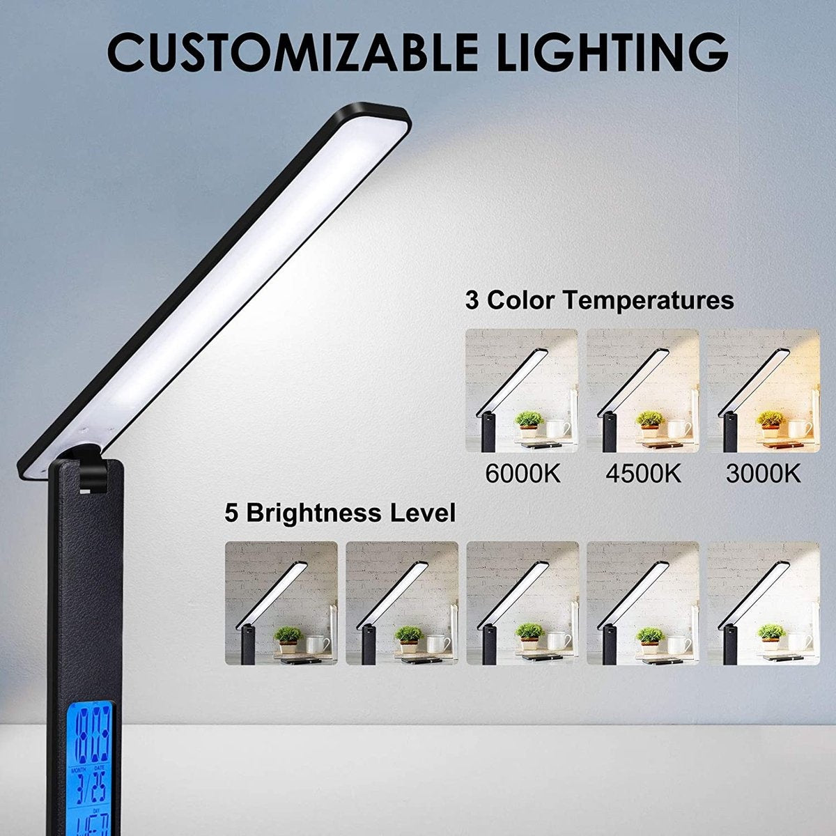 LED-Tischlampe - mit Kalender - USB-Ladeanschluss - klappbar - schwarz