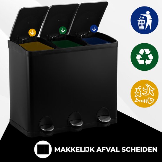 Bayt Mülleimer - Mülleimer 60 Liter - Mülleimer 60 Liter - Treteimer 60 Liter - Mülleimer 3 Fächer - Mülleimer Abfalltrennung - 3x 20 Liter - Edelstahl - Schwarz