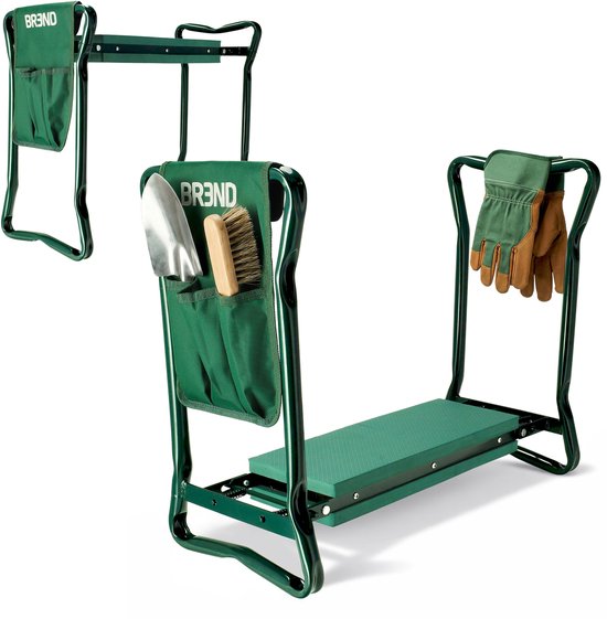 Zusammenklappbarer Gartenhocker mit Knieauflage – EVA-Schaumstoff – Bis zu 150 kg – Stahlrahmen mit Werkzeugtaschen – Zum Sitzen und Knien – BREND BR-2252