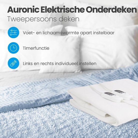 Auronic Electric Blanket - 2 Personen - verstellbare Fußzone - 160x150cm - mit Eckgummis - Weiß