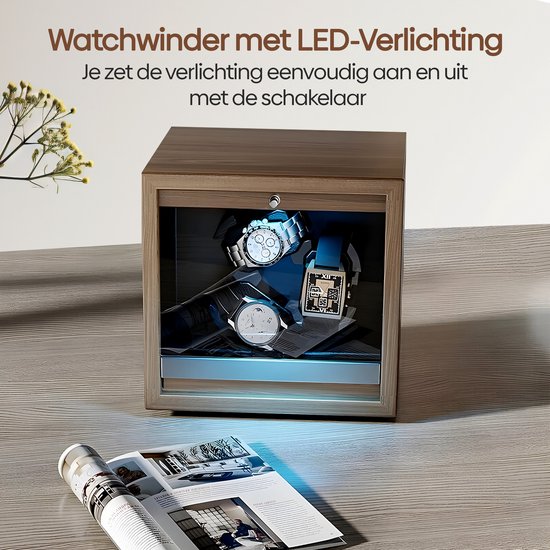 Olvy Time - Watchwinder Wood - 3 Uhren - Uhrenbeweger - Mit LED-Beleuchtung - Uhrenbeweger