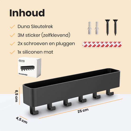 Duna Schlüsselhalter – Schlüsselhalter – Selbstklebend – Modernes Schlüsselkästchen inkl. Silikonmatte – Edelstahl – Schwarz