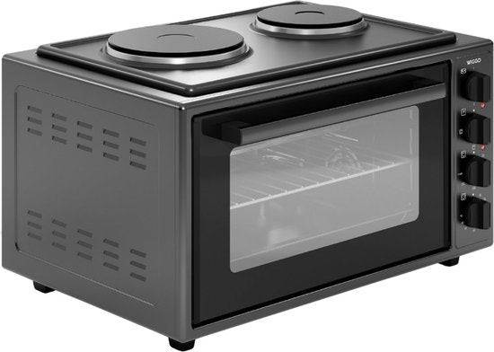 Wiggo WMO-E4562H(B) – Freistehender Mini-Backofen mit Kochfeld – elektrisch – 60 cm – 45 Liter – 3534 W – 5 Jahre Garantie – Schwarz