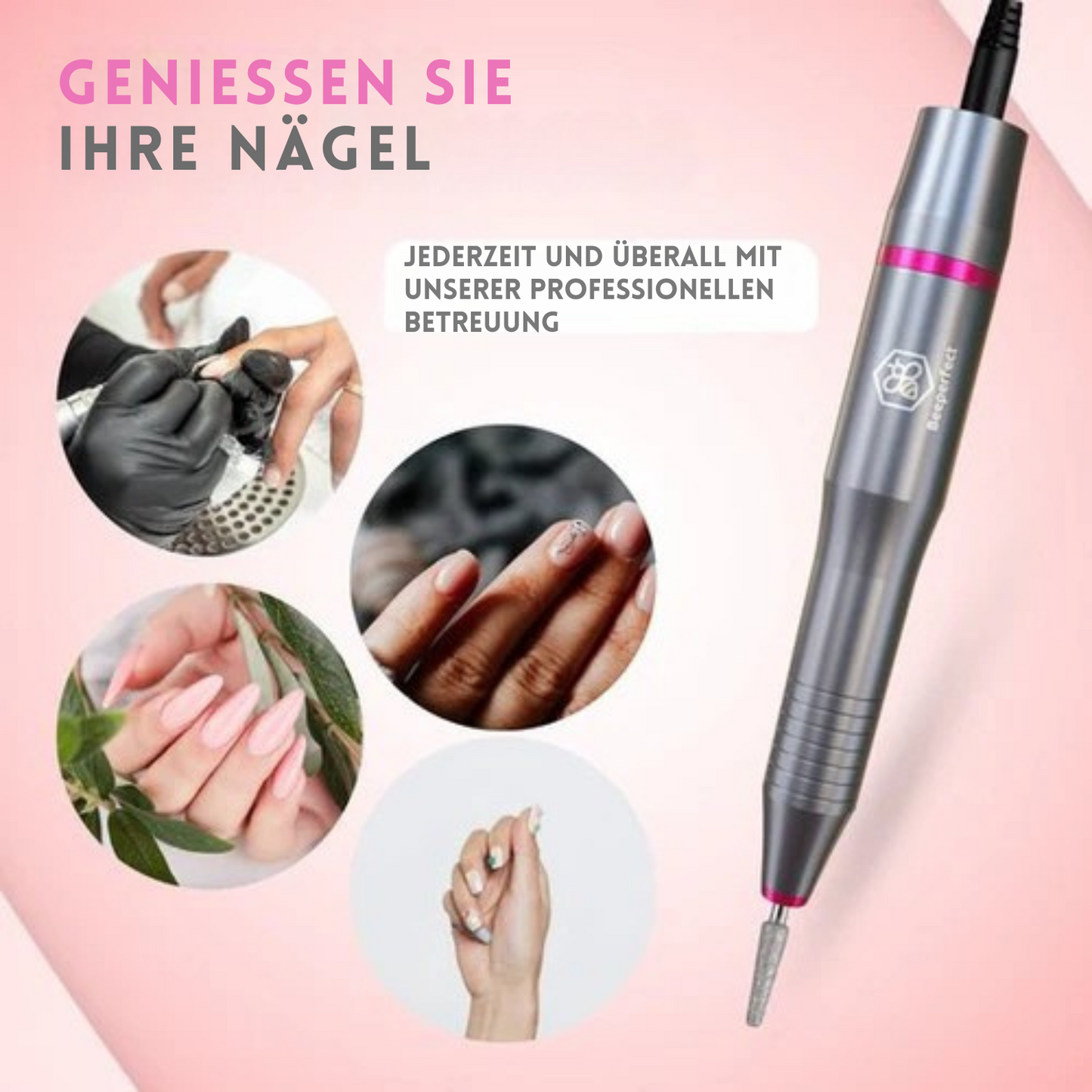 Beeperfect® - Elektrische Nagelfeile - Maniküre- und Pediküreset - 12 Bits und 60 Schleifrollen - Grau