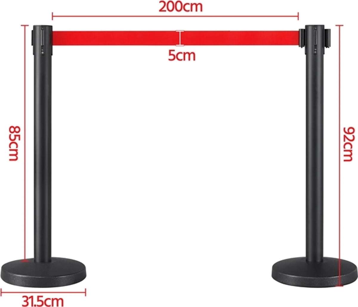 Absperrpfosten, 2er-Set mit einziehbarem Absperrband (200 cm) und schwerem Sockel, rot