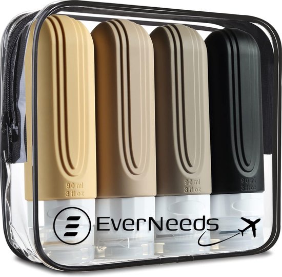 EverNeeds Reiseflaschen mit Etui - Nachfüllbar - Silikon-Reiseflaschen Handgepäck - Aprikose - 4 Stück