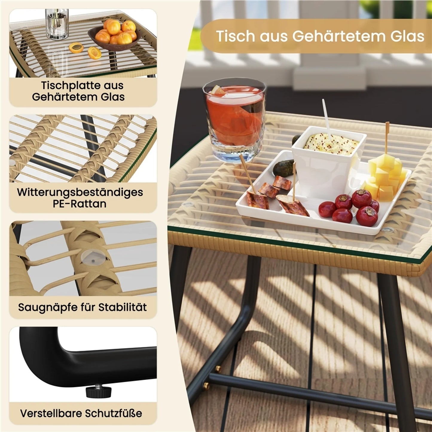 Yaheetech Bistro Set Garten Set 3-tlg. - 61 x 65 x 76 cm - Mit handgeflochtenem PE-Rattan und Glastischplatte sowie Sitz und Dekokissen - Für Balkon und Terrasse - Hellbraun und Metall