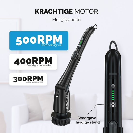 Joyware Elektrische Reinigungsbürste Pro – Scheuerbürste – Scheuerbürste mit Stiel – Scheuermaschine – Reinigungsmaschine – Schwarz – 7 Aufsätze