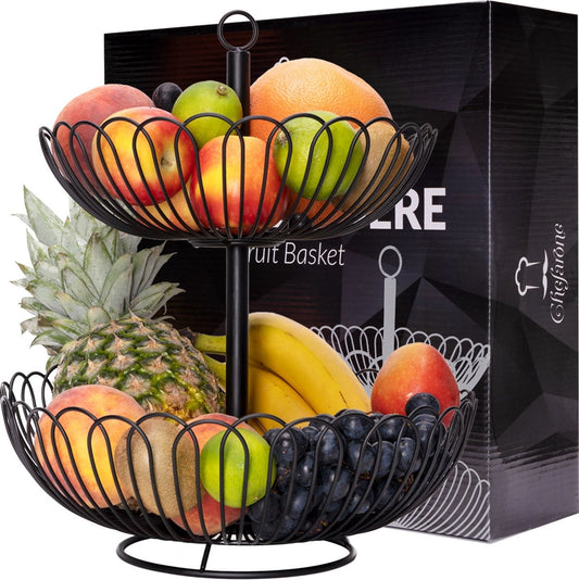 Chefarone Obst Etagere - Obstkorb - Obstschale - Aufbewahrung - 2 Lagen - Metall - Schwarz