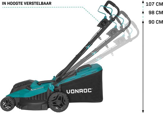 VONROC Rasenmäher - 1600W - 38 cm Schnittbreite - Fünf einstellbare Schnitthöhen: 25/40/50/60/70 mm - Inkl. 42L Auffangbehälter