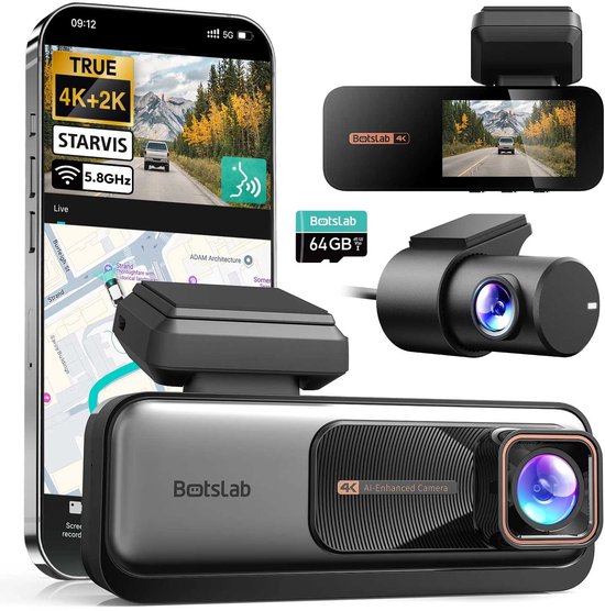 Botslab G980H Pro 2CH 4K WLAN GPS 2CH 64 GB Dashcam – 4K-Kamera vorne + 2K-Kamera hinten - 2,45-Zoll-LCD-Display - WLAN und GPS - Parkmodus - 64 GB Micro-SD-Karte - Dashcam für das Auto