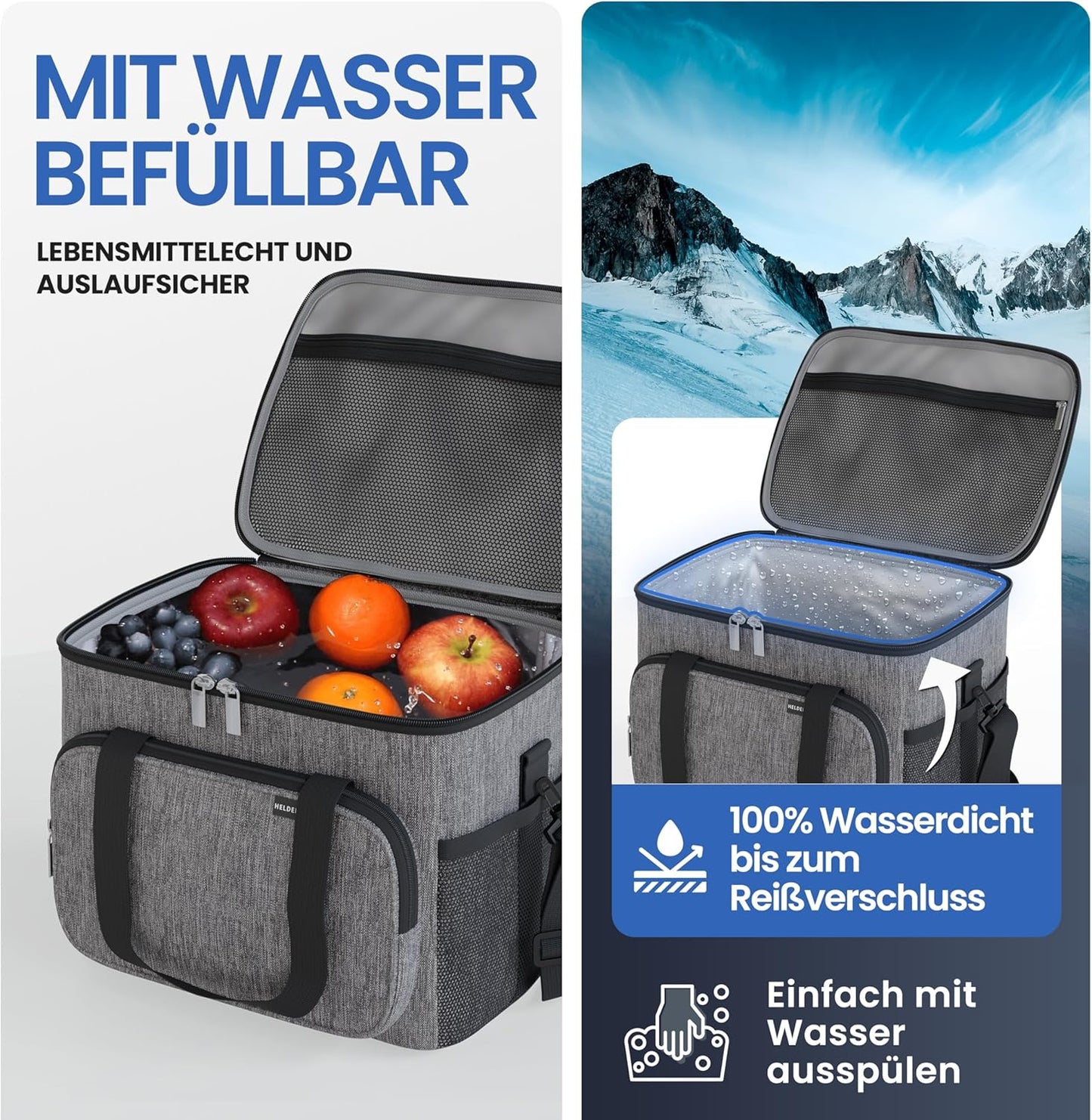 HELDENWERK Faltbare Kühltasche 20L - Isolierte Kühlbox - Auslaufsicher & Wasserdicht - Thermische Picknick- und Lunch-Tasche - Dunkelgrau