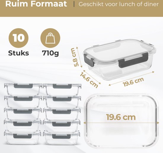 Stosh Meal Prep Trays - Frischhalteschalen - Gefrierschalen - Luftdicht - 10 Stück - 1L - BPA frei - Glas