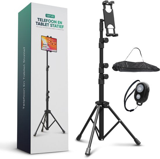 Serve Tablet Stand - Stativhalterung Stativ für Smartphone & Tablet - Inkl. Tragetasche & Bluetooth-Fernbedienung - iPad Tablet Halterung Rednerpult Aluminium - Schwarz