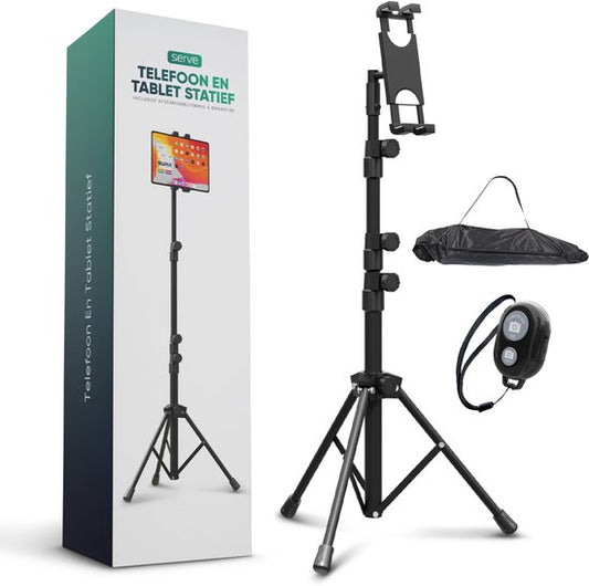 Serve Tablet Stand - Stativhalterung Stativ für Smartphone & Tablet - Inkl. Tragetasche & Bluetooth-Fernbedienung - iPad Tablet Halterung Rednerpult Aluminium - Schwarz