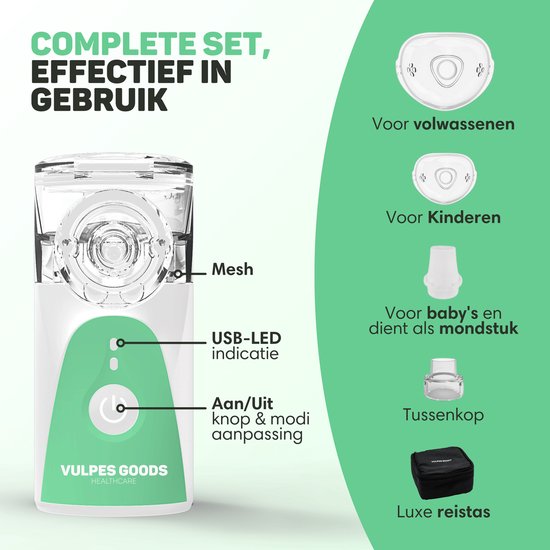 Vulpes Goods® HealthCare - Aerosolgerät - Ultraschallvernebler Inhalator - Vernebler - Inhalationsgerät für Kinder, Erwachsene & Babys - Hilft gegen Atemwegserkrankungen - Inkl. 3 Düsen & Deluxe Reisetasche