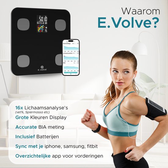 e.volve Waage Personenwaage Digital - 16 Messungen - Intelligente Waage mit Körperanalyse - Präzisionswaage - Waage - Digitale Waage - Inkl.