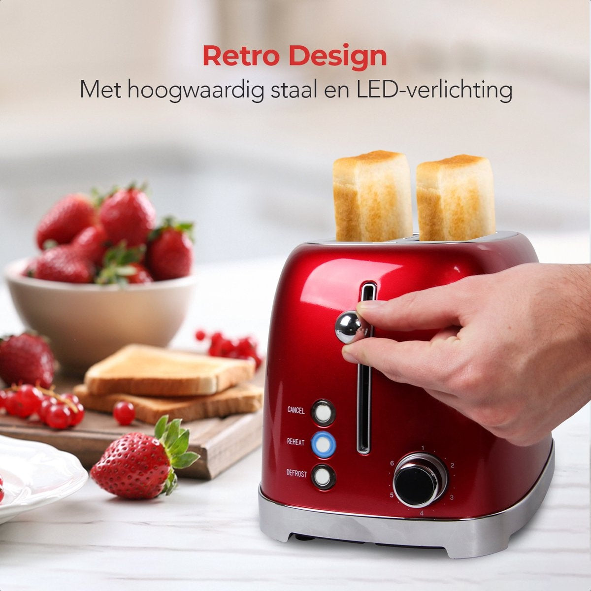 KitchenBrothers Retro-Toaster - 6 Heizstufen - 2 extra breite Schlitze - 1630W - Aufwärm- und Auftaufunktion - Rot