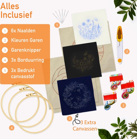 Happy Goods Stickset Blumen und Vögel - Sticksets Erwachsene - Stickset 3er Set - Hobby und Kreatives - Sticken