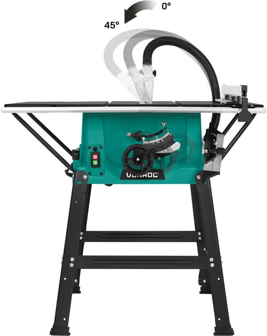 VONROC Sägetisch 2000W - Ø250mm - Große Arbeitsfläche - Sägewinkel einstellbar von 0° bis 45° - Mit Soft-Start-Technik - Inkl. 60T Sägeblatt und Ständer