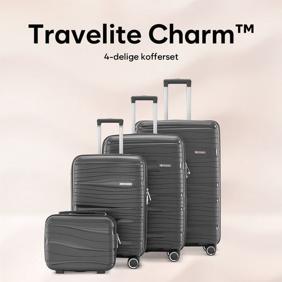 SKYCASES Travelin' Charm 4-teiliges Trolley Set - Handgepäck & Check-in Koffer - 32L/60L/98L - Zahlenschloss - 360° geräuschlose Räder - Leicht & Stabil - Modernes Design - Anthrazit V2