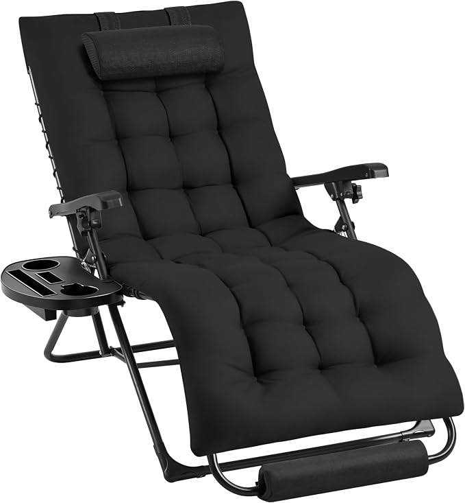 Yaheetech Zero Gravity Liegestuhl, zusammenklappbar – Schwarz – Relaxsessel mit Kissen, Fußstütze und Getränkehalter, bis 200 kg
