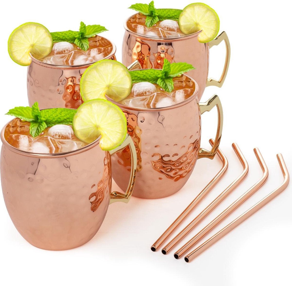 KitchenBrothers Moscow Mule Cups - Cocktailgläser mit Strohhalm - 4 Stück - gekupfert - 500ML