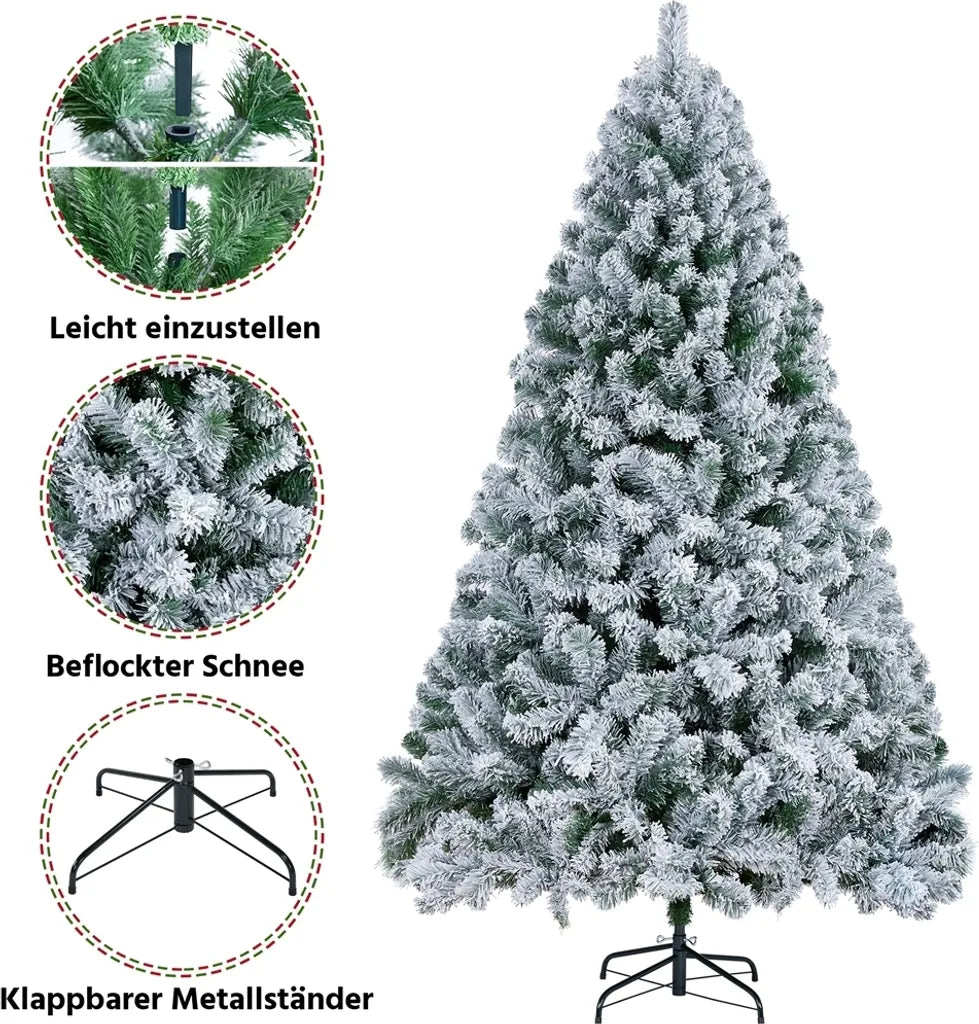 Yaheetech Kunstweihnachtsbaum 228 cm – Grün/Weiß – Ø 140 x 228 cm – Verschneiter Weihnachtsbaum mit Metallständer