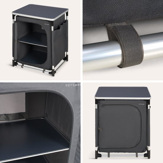 TRVLMORE Camping-Schrank – Campingküche – 70 kg Tragkraft – Aluminiumrahmen – zusammenklappbar – inkl. Tragetasche – 50 x 60 x 72 cm – grau