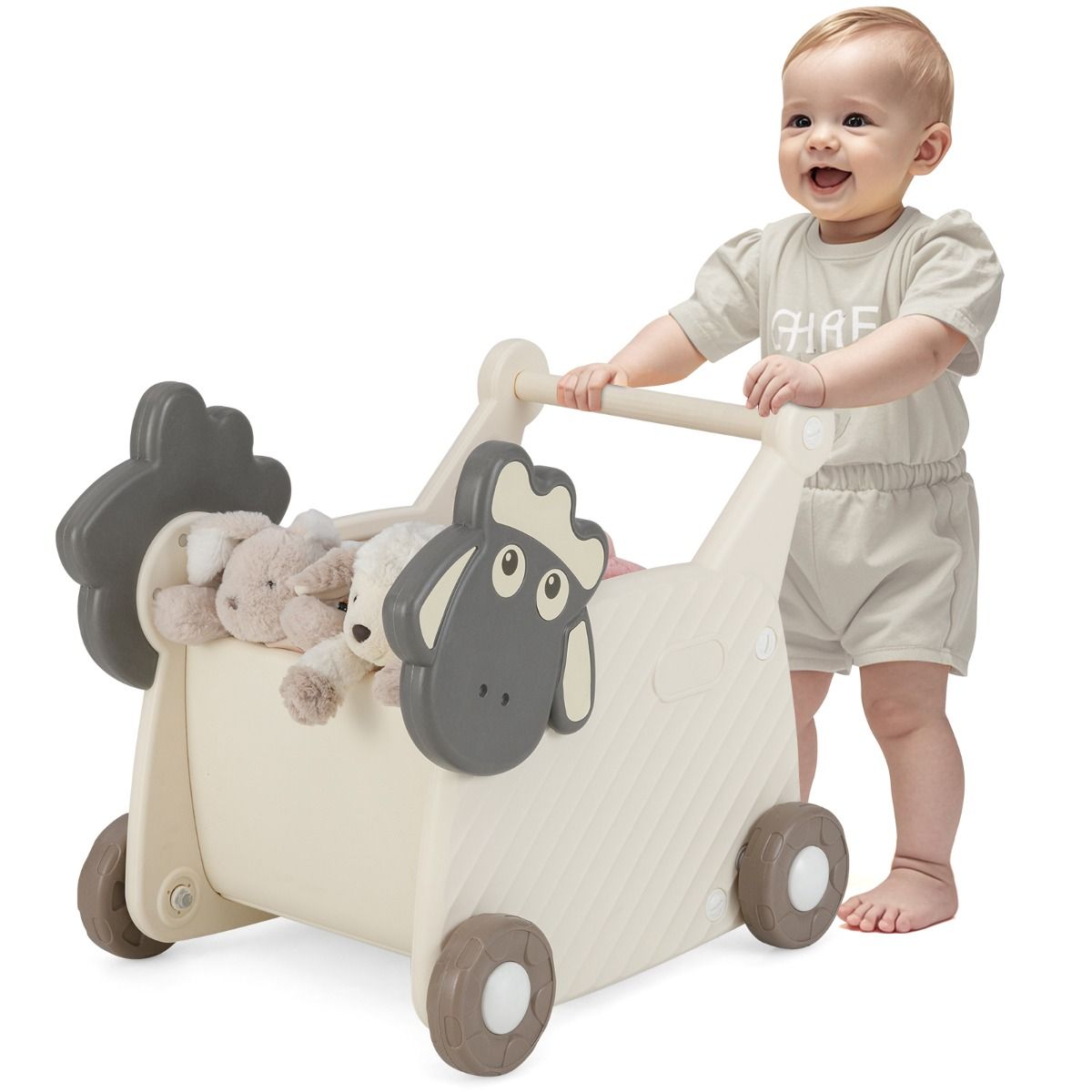 Coast Schaap Laufwagen für Kinder – 2-in-1-Aufbewahrungswagen und Lauflernhilfe – 18 Liter – Beige und Grau