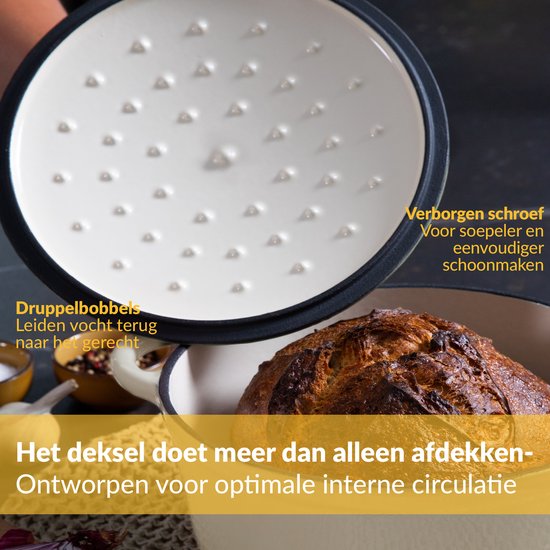 Chefarone Gusseisenpfanne 3,5 l – PFAS-frei – Bratpfanne inklusive Deckel – Für alle Herdarten geeignet – Emailliert, cremeweiß