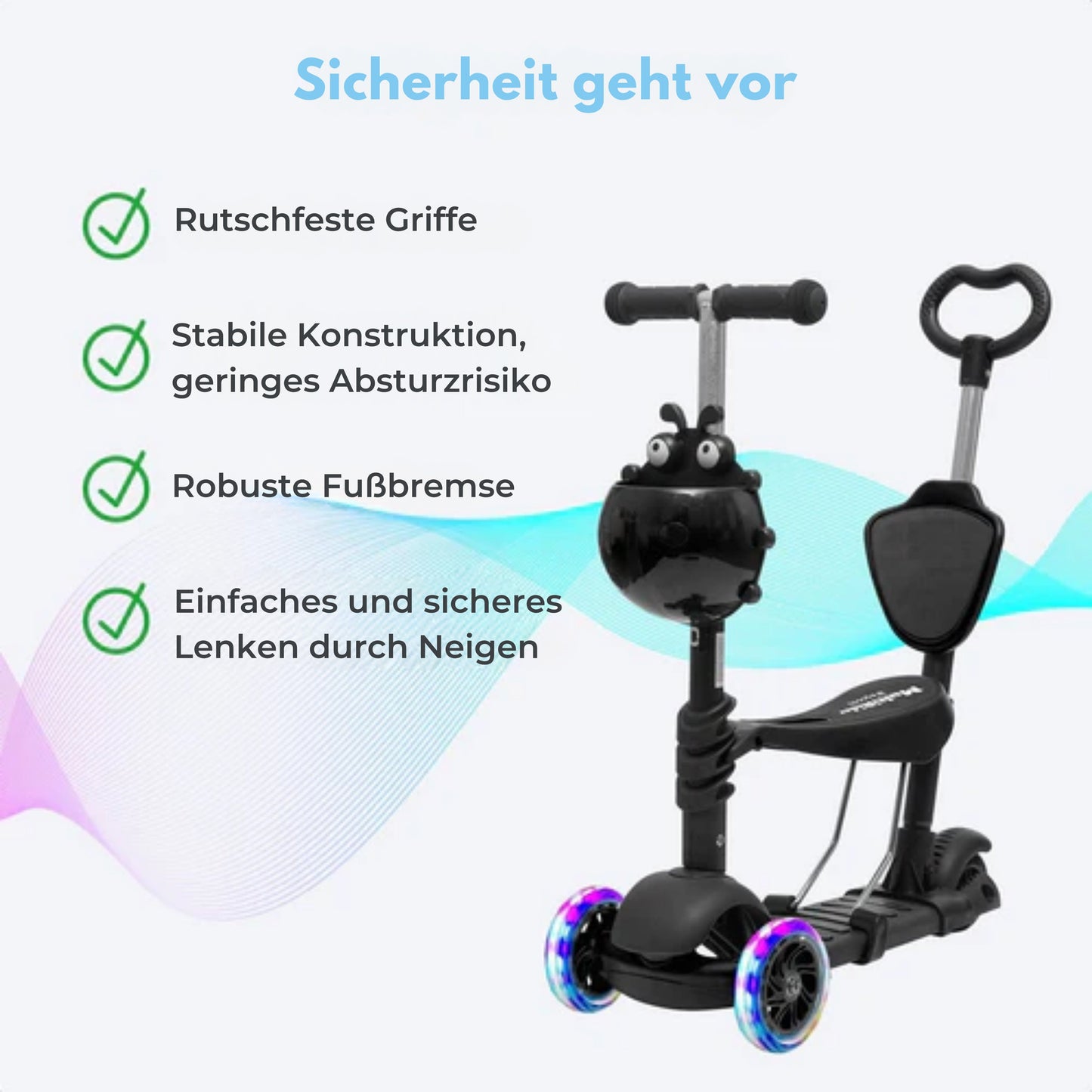 LifeGoods MultiRider - Kinder-Roller - Mit Schiebestange - 3 -8 Jahre - Jungen/Mädchen - 3 leuchtende Räder - Schwarz