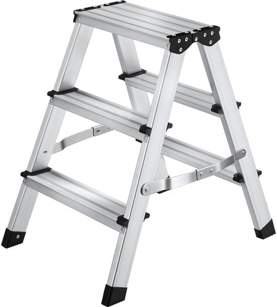 tectake® Doppelseitige Aluminium-Küchenleiter – 3 Sprossen – 58 cm – Stabile Leiter – Zusammenklappbare Trittleiter – Rutschfeste Haushaltsleiter