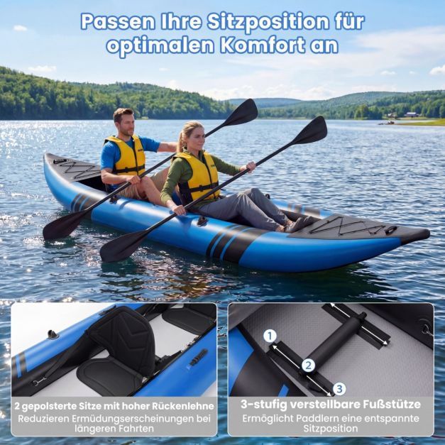 Goplus aufblasbares 2-Personen-Kajak-Set – Blau – 382 x 94 x 40 cm – Mit Paddeln, Sitzen und Tragetasche