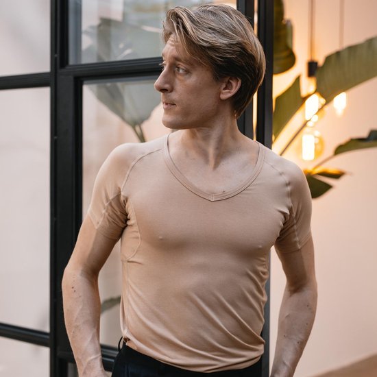 Anti Sweat Shirt - Fibershirts® - Eingenähte Achselpads - Unterhemd - Hautfarbe - V-Ausschnitt - Herren - Größe XXL