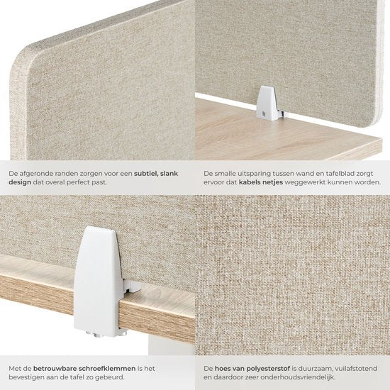 tectake® Desk Screen Divider Noisy - Mit schallabsorbierendem PET-Kern - Inklusive 2 Befestigungsclips - Größe (LxB) 130 x 40 cm - Beige